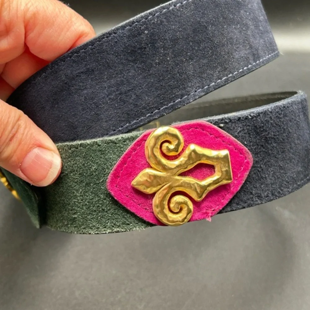 VTG‎ 80s-90s Doncaster Green Navy Pink Suede Leather Gold Women's Belt 40”